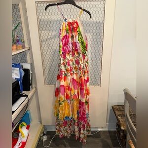 FARM Rio Pink and Yellow Ruffled Tiered Maxi Sundress